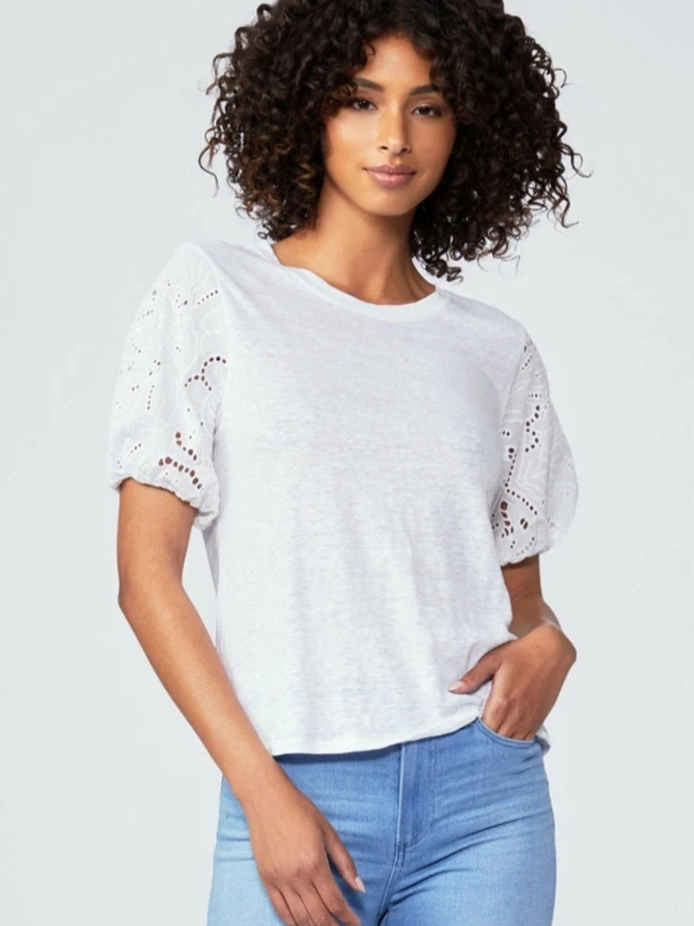 Paige 100% Linen Laura Top White Crewneck Eyelet Puff Sleeve Tee, size S